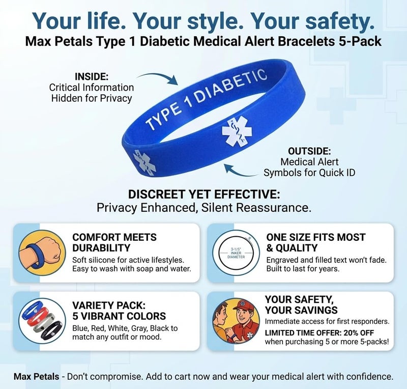 Max Petals Type 1 Diabetic Insulin Dependent Medical Alert ID Privacy Enhanced Silicone Bracelets Wristbands 5 Pack - Image 1